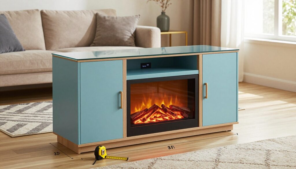A beautiful aqua blue fireplace TV console stands elegantly in a cozy living room setting. The console features a sleek design with a built-in electric fireplace, surrounded by a textured wood frame. In the foreground, a measuring tape lays next to the console, indicating dimensions like height, width, and depth for a clear size reference. The middle ground captures the console's smooth glass top and digital display, while a comfortable sofa with soft cushions and a stylish rug form the backdrop. Soft, warm lighting from the fireplace creates a welcoming atmosphere, while natural light filters through a nearby window, illuminating the room. The camera angle is slightly elevated, providing a comprehensive view of the console's dimensions against the surrounding decor. The mood is inviting and serene, perfect for a modern living space.