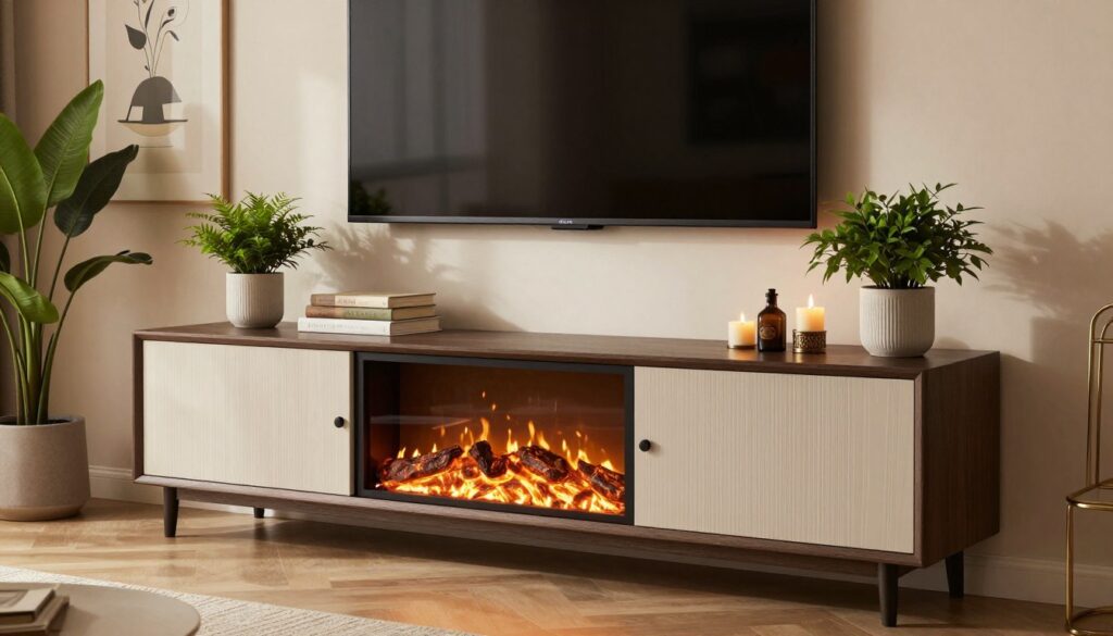 A beautifully arranged fireplace TV stand, showcasing an elegant decor style. In the foreground, a sleek, modern TV mounted above the fireplace, flanked by decorative elements like lush green plants in stylish pots and framed artwork. The middle section features a cozy arrangement of books stacked on the stand, complemented by decorative candles and vintage trinkets. In the background, a softly glowing fireplace enhances the warm atmosphere. Soft, ambient lighting creates an inviting mood, casting gentle shadows. The angle captures a well-composed view that highlights depth and arrangement, emphasizing balance and harmony in decor. The scene should evoke a sense of warmth and sophistication, ideal for impressing guests.