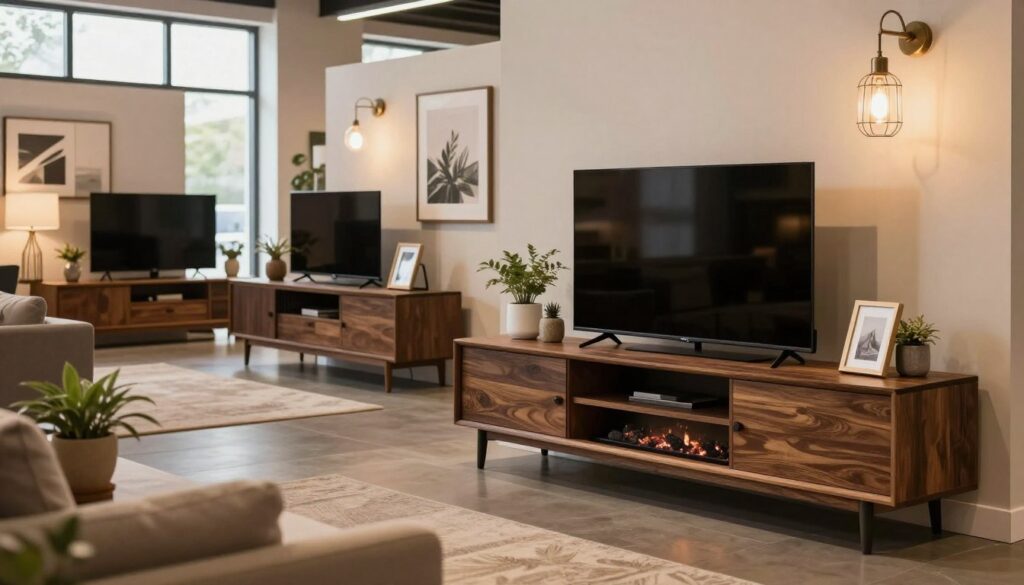 A beautifully arranged showroom display featuring a stylish TV stand integrated with a cozy fireplace. In the foreground, the TV stand is elegantly designed with dark wood and modern hardware, showcasing various decorative items like plants and picture frames. The middle ground reveals multiple showroom vignettes, each styled differently to inspire shoppers, some highlighting wall art and chic lighting fixtures. The background features large windows allowing natural light to filter in, creating a warm and inviting atmosphere. The scene is brightened by soft, ambient lighting simulating a cozy evening vibe. The overall mood is relaxed and welcoming, encouraging potential customers to explore options. The image is captured with a slight wide-angle perspective to emphasize depth and variety in the display.