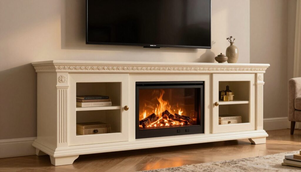 A beautifully crafted DIY fireplace TV stand, featuring an intricate design with decorative trim and elegant crown moulding. In the foreground, showcase the stand's detailed trim, adorned with carvings and a glossy finish that catches the light. The middle layer includes a modern television mounted above the fireplace, which is surrounded by warm, inviting flames, creating a cozy atmosphere. In the background, a softly lit living room setting with neutral-colored walls and tasteful decor to enhance the overall vibe. The lighting should be warm and inviting, mimicking a late afternoon glow, using a wide-angle lens to capture the entire scene. The mood is one of comfort and style, perfect for a home gathering space.