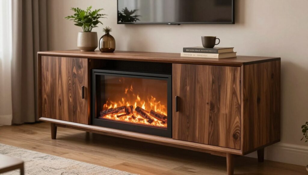 A beautifully crafted DIY media console featuring a chic fireplace insert and cleverly hidden storage compartments. The foreground showcases the console, constructed from rich, dark wood with clean lines and a modern style, housing a realistic faux firebox that emits a warm glow. The middle focus includes an elegant display of decorative items on top, such as plants and books, emphasizing the console's multifunctionality. The background features a cozy living room ambiance, with soft, ambient lighting illuminating the space from a nearby window, enhancing the inviting atmosphere. The camera angle captures the console slightly from the side to highlight its depth and design details, evoking a sense of warmth and sophistication in a stylish home setting. A beautifully crafted DIY media console featuring a chic fireplace insert and cleverly hidden storage compartments. The foreground showcases the console, constructed from rich, dark wood with clean lines and a modern style, housing a realistic faux firebox that emits a warm glow. The middle focus includes an elegant display of decorative items on top, such as plants and books, emphasizing the console's multifunctionality. The background features a cozy living room ambiance, with soft, ambient lighting illuminating the space from a nearby window, enhancing the inviting atmosphere. The camera angle captures the console slightly from the side to highlight its depth and design details, evoking a sense of warmth and sophistication in a stylish home setting.