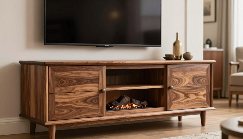 A beautifully crafted fireplace TV stand showcased in a well-lit living room setting. In the foreground, focus on the intricate construction details, highlighting the rich wood grain and polished finishes of the stand, with visible joinery and high-quality hardware. The middle ground features a modern flat-screen TV mounted above the fireplace, surrounded by elegant decorative elements. The background reveals a cozy ambiance with soft, warm lighting emanating from the fireplace. Use a 50mm lens for a shallow depth of field, capturing crisp details in the foreground while gently blurring the background elements. The mood should feel inviting and sophisticated, perfect for a homey yet stylish atmosphere.