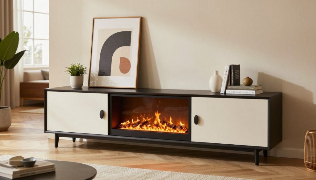 A beautifully decorated asymmetrical TV stand with an integrated fireplace, showcasing various design elements. In the foreground, a stylish fireplace with a flickering flame, surrounded by modern decor items like potted plants and decorative books. The middle layer features a sleek TV stand, adorned with unique art pieces, a minimalist vase, and books, arranged in an asymmetrical pattern that creates visual interest. The background reveals a warm, inviting living room space with soft, natural light streaming through large windows, enhancing the cozy atmosphere. The overall mood is contemporary and harmonious, capturing a balance between functionality and aesthetic appeal.
