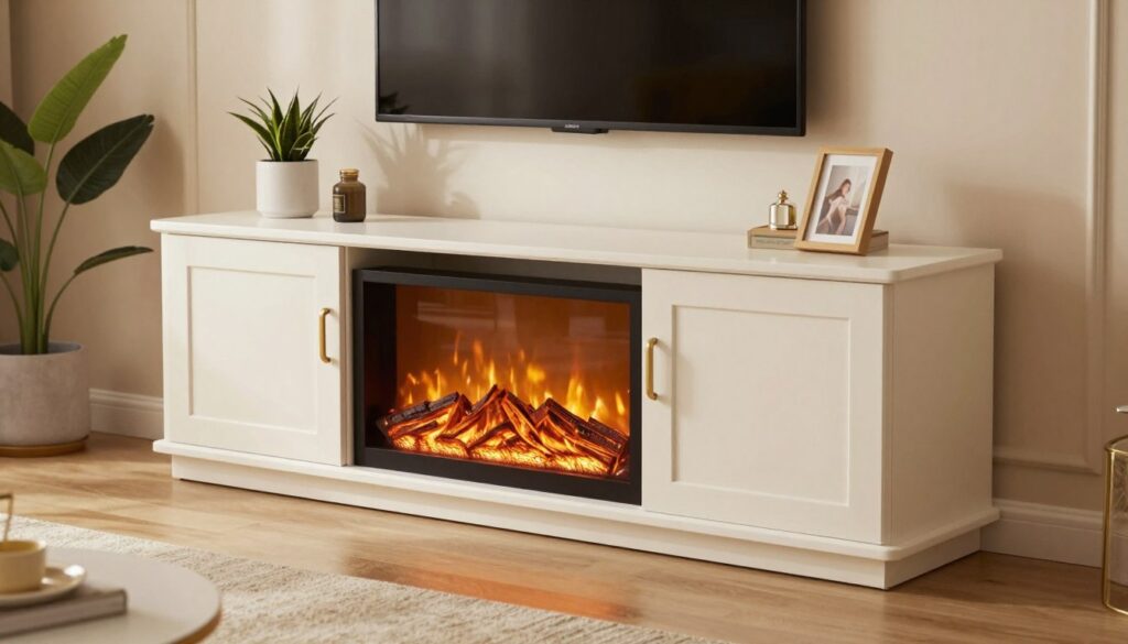 A beautifully designed DIY electric fireplace TV stand with elegant cabinet doors featuring hidden storage options. The image showcases the stand in a well-lit living room environment, with soft, warm lighting emanating from the electric fireplace, creating a cozy atmosphere. In the foreground, focus on the detailed craftsmanship of the cabinet doors, highlighting their sleek finish and innovative storage solutions. The middle ground reveals the TV mounted above the fireplace, while stylish decor elements like plants and picture frames add character. The background displays a pleasant living room setting with inviting furniture, calming colors, and a touch of modern decor. Capture the scene from a slightly elevated angle to emphasize the depth and functionality of this beautiful piece.