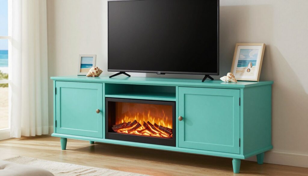 A beautifully designed coastal turquoise media stand featuring an integrated electric fireplace, exuding a charming seaside ambiance. In the foreground, the sleek media unit displays a large flat-screen TV mounted above the fireplace, which is emanating a warm, cozy glow. The electric flames flicker gently, creating a welcoming atmosphere. In the middle ground, stylish decor items like seashells and coastal artwork accentuate the unit, while the backdrop showcases a softly lit living room with white, airy curtains and ocean-themed decor. The lighting is soft and inviting, capturing a tranquil afternoon light coming through a nearby window. The angle focuses on the media stand at eye level, emphasizing both its vibrant turquoise color and the elegant integration of the fireplace, evoking a relaxed coastal living vibe.