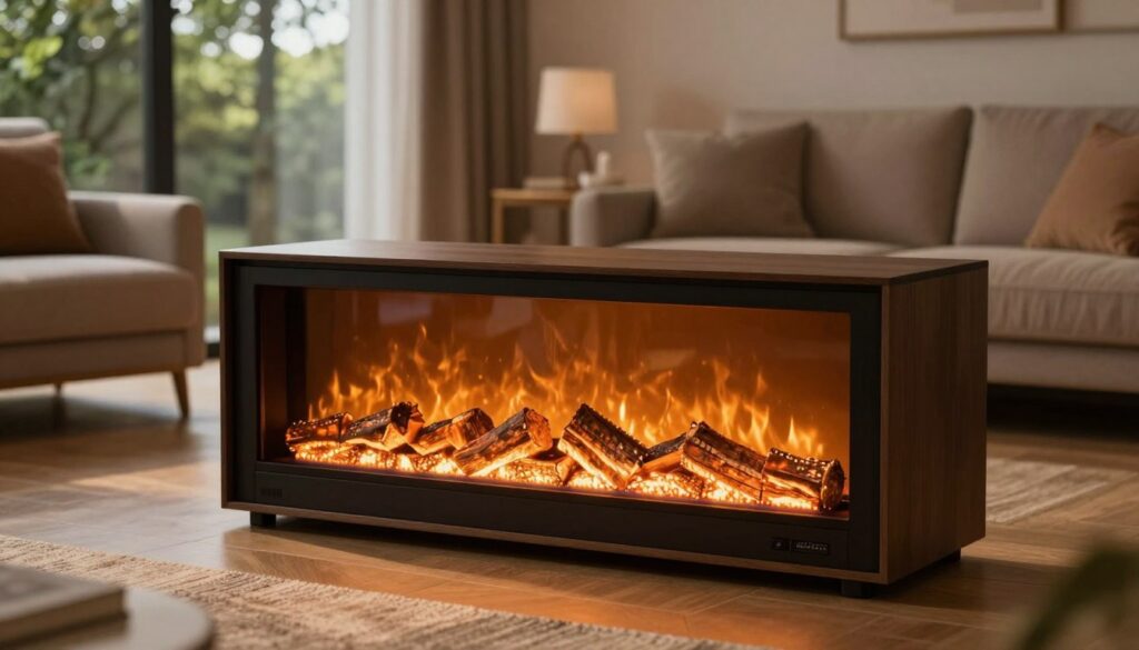A beautifully designed electric fireplace media console occupies the foreground, emanating a warm, inviting glow that highlights its modern aesthetic. The console features an elegant display of logs and realistic flames, enhancing its realistic appearance. In the middle ground, a cozy living room setting with comfortable furniture surrounds the console, creating an atmosphere of safety and comfort. Soft, natural lighting filters through a nearby window, casting gentle shadows that emphasize the unique textures of the room. In the background, a serene view of green trees can be seen through the glass, promoting the theme of environmental benefits. The overall mood is calm and inviting, showcasing the advantages of an electric fireplace, while maintaining a professional and polished look suitable for an informative article. A beautifully designed electric fireplace media console occupies the foreground, emanating a warm, inviting glow that highlights its modern aesthetic. The console features an elegant display of logs and realistic flames, enhancing its realistic appearance. In the middle ground, a cozy living room setting with comfortable furniture surrounds the console, creating an atmosphere of safety and comfort. Soft, natural lighting filters through a nearby window, casting gentle shadows that emphasize the unique textures of the room. In the background, a serene view of green trees can be seen through the glass, promoting the theme of environmental benefits. The overall mood is calm and inviting, showcasing the advantages of an electric fireplace, while maintaining a professional and polished look suitable for an informative article.
