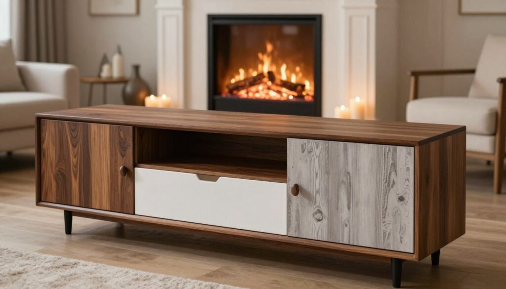 A beautifully designed fireplace TV console displayed in a cozy living room setting. In the foreground, a sleek, modern console features various finish options—rich dark wood, elegant white lacquer, and rustic distressed gray. Each finish reflects light subtly, showcasing its unique texture and grain. In the middle, a realistic fireplace emits a warm, inviting glow, surrounded by decorative elements like candles and minimalist decor. The background features a soft, blurred view of a stylish room with neutral walls and plush furnishings, creating an inviting atmosphere. The lighting is warm and soft, creating a homely mood, while the angle captures the console prominently, giving a clear view of its finishes without distractions. No text or other elements appear in the image, ensuring focus on the console and its finishes.