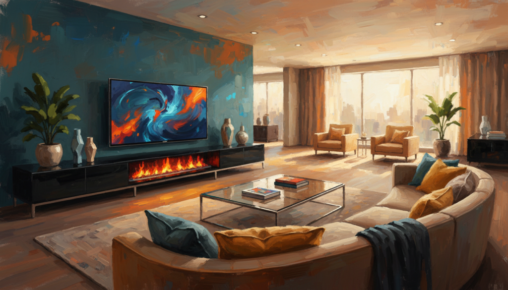 A beautifully designed living room showcasing a sleek TV stand integrated with a modern fireplace. In the foreground, a cozy couch with plush cushions invites relaxation, while the TV stand elegantly displays a large television above a realistic, flickering electric fireplace that adds warmth. Potted plants and tasteful decor items adorn the shelf of the stand, enhancing the ambiance. The middle ground features a stylish coffee table with a few magazines, enriching the decor. The background reveals a softly lit room, illuminated by warm, ambient lighting that casts a gentle glow. The overall mood is inviting and sophisticated, perfect for a contemporary home setting. Use a wide-angle lens to capture the spaciousness and serenity of the space. A beautifully designed living room showcasing a sleek TV stand integrated with a modern fireplace. In the foreground, a cozy couch with plush cushions invites relaxation, while the TV stand elegantly displays a large television above a realistic, flickering electric fireplace that adds warmth. Potted plants and tasteful decor items adorn the shelf of the stand, enhancing the ambiance. The middle ground features a stylish coffee table with a few magazines, enriching the decor. The background reveals a softly lit room, illuminated by warm, ambient lighting that casts a gentle glow. The overall mood is inviting and sophisticated, perfect for a contemporary home setting. Use a wide-angle lens to capture the spaciousness and serenity of the space.