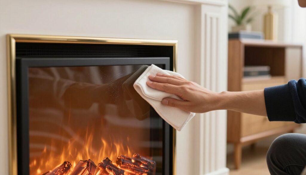 A close-up view of a person carefully cleaning the glass and frame of an electric fireplace insert. The individual, dressed in smart-casual attire, uses a microfiber cloth to wipe away smudges and dust, showcasing a focus on detail and cleanliness. The fireplace insert, elegantly designed with a sleek glass front and polished metal frame, gleams in the soft, warm light of the room, creating a cozy atmosphere. In the background, a stylish TV stand adds to the decor, subtly highlighting the electric fireplace as the centerpiece. The lighting is soft and inviting, enhancing the pristine look of the fireplace insert. The shot is taken with a shallow depth of field, emphasizing the cleaning action while softly blurring the background.