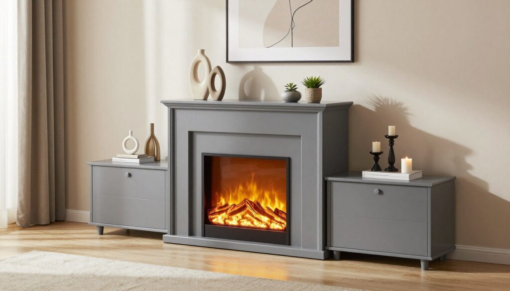 A contemporary gray media stand fireplace designed with sleek lines and a minimalistic aesthetic, prominently displayed in a stylish living room. In the foreground, the media stand showcases an electric fireplace with flickering flames, surrounded by carefully arranged décor items such as modern sculptures, potted plants, and tasteful candle holders. The middle features the stand, crafted in a matte gray finish, elegantly contrasting with the warm, yellow tones of the fireplace. The background includes a light-filled room with soft, neutral wall colors and minimalist artwork, creating a cozy yet chic atmosphere. Soft natural lighting filters through sheer curtains, casting gentle shadows. The image captures a polished, inviting ambiance, perfect for modern living.