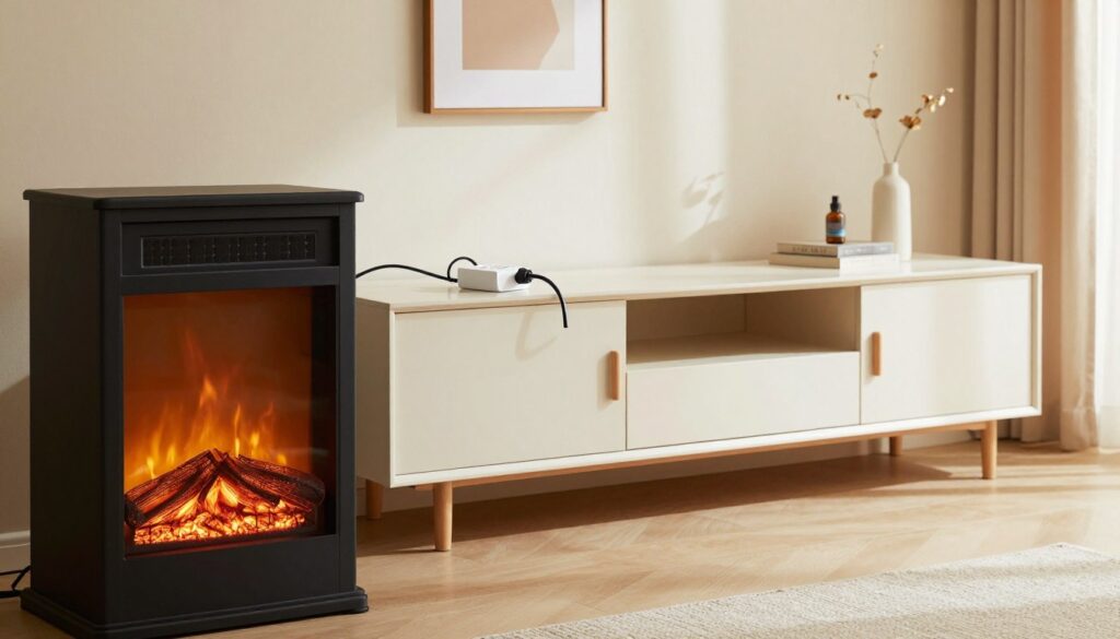 A contemporary living room featuring an electric fireplace TV stand with visible wiring safety measures. In the foreground, the vibrant fire glows warmly from the electric fireplace, casting a soft, inviting light. The middle ground shows the TV stand, meticulously arranged with a surge protector securely connected to the electric fireplace, highlighting the importance of safe wiring practices. In the background, a stylish, neutral-colored wall adds a cozy atmosphere, decorated with minimalistic decor. The scene is illuminated with natural lighting filtering through a nearby window, creating an airy and pleasant ambiance. The image should convey a sense of warmth and safety, ideal for illustrating the installation of an electric fireplace.