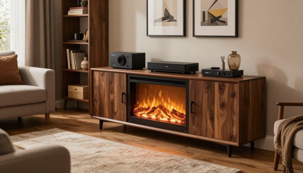 A cozy and inviting living room featuring a stylish media console with an electric fireplace. In the foreground, the console is sleek, made of dark wood with modern accents, displaying a neatly organized array of entertainment devices. The electric fireplace beneath it glows warmly, casting a soft, flickering light that creates an ambiance of warmth. In the middle, a plush area rug lies on a hardwood floor, surrounded by comfortable seating options — a contemporary sofa and armchairs. The background showcases a tastefully decorated wall with art pieces and shelves filled with books and decorative items. Warm, natural light filters through a window, enhancing the cozy atmosphere. The scene evokes a sense of comfort and relaxation, perfect for enjoying media in a homey setting.