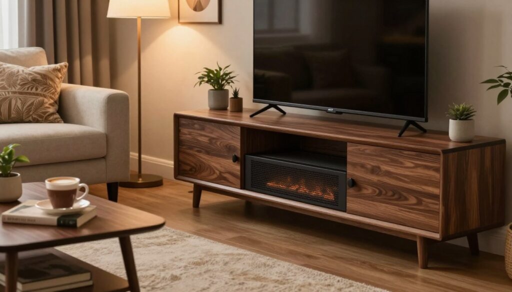 A cozy and inviting living room scene featuring a stylish fireplace TV stand with a built-in heater. In the foreground, showcase a modern fireplace TV stand made of dark wood, elegantly integrated with a visible heater element. The middle ground includes a plush, welcoming sofa with decorative pillows, facing the TV stand, and a small coffee table adorned with a warm cup of cocoa and a book. In the background, add soft, ambient lighting from a nearby lamp, casting a gentle glow, evoking a sense of warmth and comfort. The room is decorated with tasteful wall art and potted plants, creating a serene atmosphere ideal for relaxation. The camera angle is slightly tilted upward to highlight the heater and TV stand, focusing on their features.