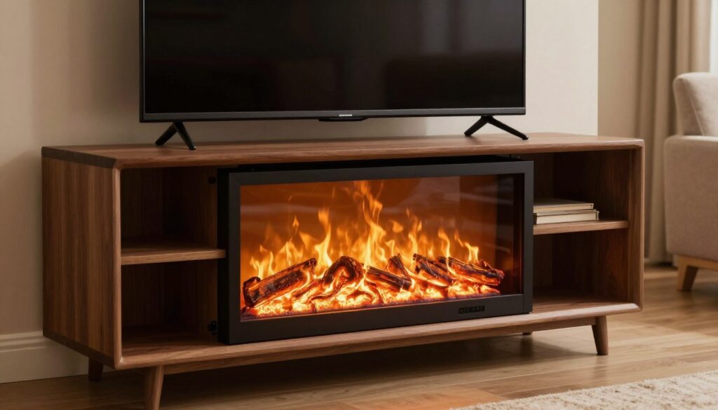 A cozy electric fireplace TV stand in flame-only mode, showcasing vibrant, flickering flames that illuminate a realistic hearth. The stand has a sleek, modern design with a rich wood finish and subtle shelving for decor. Foreground features the dancing flames that cast a warm, inviting glow, while the middle ground includes the television atop the stand, displaying a subtle reflection of light from the flames. In the background, a softly lit living room setting with neutral-toned walls and comfortable seating enhances the atmosphere. The lighting is warm and soft, creating a serene and inviting ambiance, perfect for relaxation without any heat output. An inviting space ideal for enjoying the beauty of a fire without warmth.