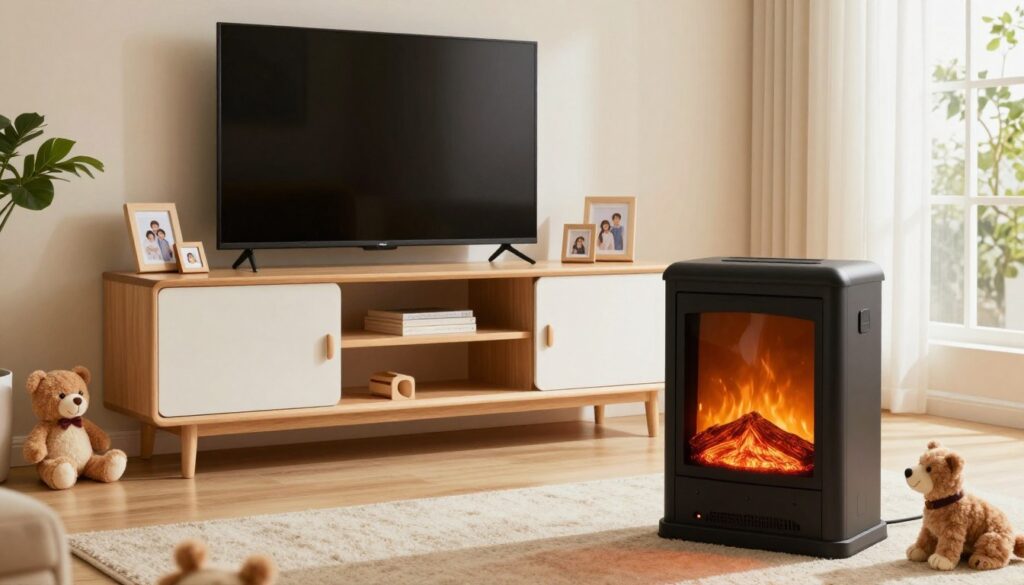 A cozy family living room featuring a child-safe electric fireplace TV stand. In the foreground, a modern electric fireplace emits a warm glow, designed with rounded edges and robust materials for safety. A couple of plush toys and a soft rug indicate a playful environment for children. The middle layer shows a stylish TV stand that integrates the fireplace seamlessly, complete with a flat-screen TV mounted above. In the background, natural light filters in through large windows adorned with sheer curtains, creating a welcoming atmosphere. Family pictures and greenery accentuate the cozy decor. The mood is warm and inviting, conveying a sense of safety for both children and pets. The image should be bright, balanced, and capture a comfortable, nurturing space.