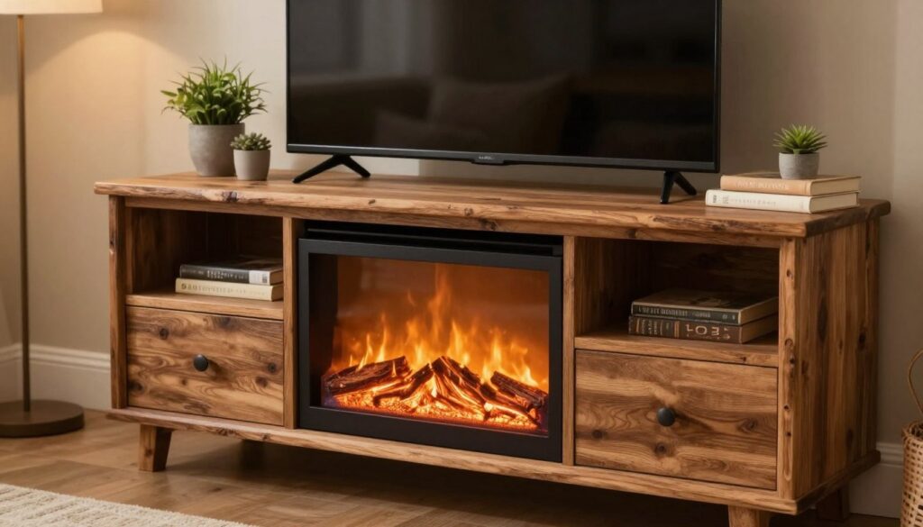 A cozy, homemade electric fireplace TV stand featuring a glowing electric insert. In the foreground, the fireplace insert radiates warm, flickering light, with realistic flames dancing in shades of orange and yellow. The TV stand is crafted from reclaimed wood, showcasing its natural grain and texture, with a sleek surface for a flat-screen TV. In the middle ground, decorative elements like potted plants and a few books add a personal touch. The background shows a softly lit living room ambiance, with warm wall colors and soft furnishings enhancing the inviting atmosphere. The scene is captured with a warm filter, creating a snug and welcoming feeling, with a slight depth of field focusing on the fireplace while gently blurring the background for added charm.