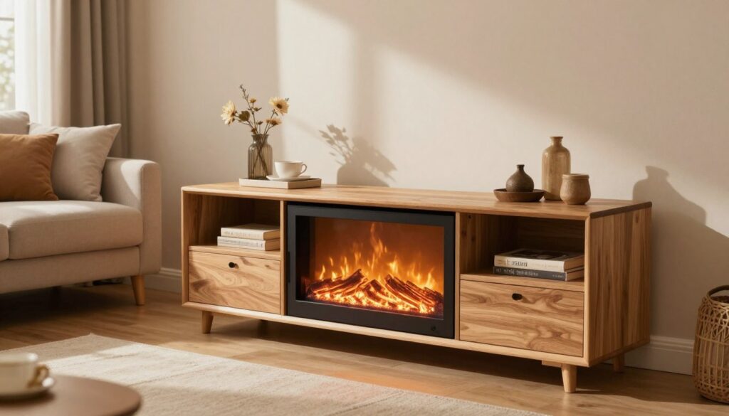A cozy living room featuring a fully assembled TV stand with a built-in fireplace as the focal point. In the foreground, emphasize the TV stand displaying an electric fireplace with warm, flickering flames, surrounded by neatly arranged decorative items. The middle ground showcases a comfortable couch with plush cushions, inviting a relaxed atmosphere. The background includes soft neutral-colored walls and a large window allowing natural light to fill the room. Use warm lighting to create a welcoming mood, captured with a slight angle from the side to highlight the heating capability of the fireplace. Aim for a realistic depiction that compares the aesthetic appeal and warmth of this assembled entertainment center, with a focus on home comfort.