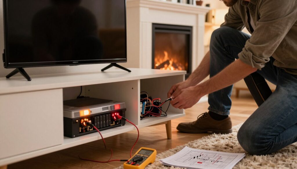 A cozy living room featuring a malfunctioning fireplace TV stand, set against a warm, inviting backdrop. In the foreground, focus on a stylish TV stand integrated with a fireplace, malfunction indicator lights glowing softly in orange and red. Scattered around are common troubleshooting tools like a multimeter, a circuit diagram, and a user manual, hinting at the troubleshooting process. In the middle ground, a pair of hands, clad in casual, professional attire, is seen examining the TV stand, inspecting the wiring near the fuse area. The background displays a warmly lit room with soft, ambient lighting emanating from the fireplace, a plush rug, and shelves adorned with books and decorative items. The mood conveys a sense of inquiry and determination, with an emphasis on problem-solving in a comfortable home setting.