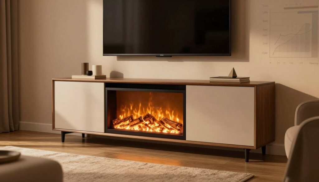 A cozy living room featuring a modern electric fireplace media console, designed for energy efficiency, set against a backdrop of warm, ambient lighting. The console is elegantly styled with a sleek finish, showcasing a mounted flat-screen TV above the fireplace. In the foreground, a soft area rug and comfortable seating arrangement create an inviting atmosphere, while energy cost graphs and metrics subtly fade into the background, hinting at the performance aspect. The scene is illuminated by the flickering flames of the electric fireplace, casting a gentle glow. The overall mood is warm and inviting, perfect for a home setting, captured from a low angle to emphasize the fireplace’s prominence.