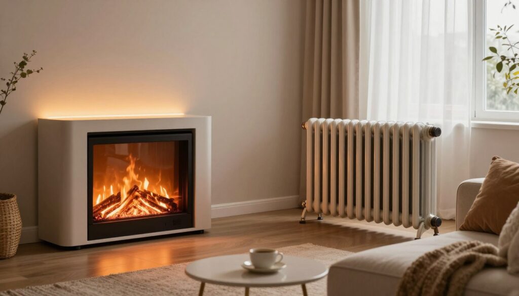 A cozy living room featuring a modern energy-efficient fireplace TV console on the left, showcasing a sleek design with ambient LED lighting. The fireplace has flames flickering gently, illuminating the room with a warm glow. On the right, a traditional heating method, like a bulky radiator, appears outdated and less inviting. The foreground includes a comfortable sofa and decorative elements like plush cushions and a small coffee table with a teacup, creating a welcoming atmosphere. The middle ground emphasizes the two heating methods for direct comparison. The background features a softly lit window with curtains gently swaying, enhancing the peaceful mood. The image should use soft natural lighting, captured at eye level to evoke a sense of homely warmth and modern comfort. A cozy living room featuring a modern energy-efficient fireplace TV console on the left, showcasing a sleek design with ambient LED lighting. The fireplace has flames flickering gently, illuminating the room with a warm glow. On the right, a traditional heating method, like a bulky radiator, appears outdated and less inviting. The foreground includes a comfortable sofa and decorative elements like plush cushions and a small coffee table with a teacup, creating a welcoming atmosphere. The middle ground emphasizes the two heating methods for direct comparison. The background features a softly lit window with curtains gently swaying, enhancing the peaceful mood. The image should use soft natural lighting, captured at eye level to evoke a sense of homely warmth and modern comfort.