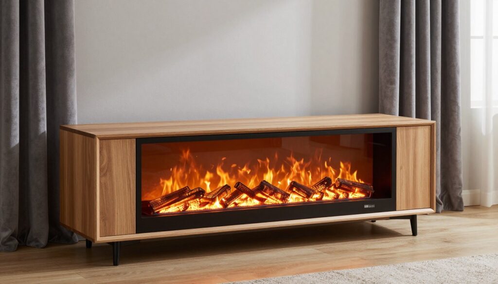 A cozy living room featuring a modern fireplace TV stand prominently displayed in the foreground, the flames from the built-in electric fireplace casting a warm, flickering glow. The TV stand is sleek and stylish, with natural wood finishes and a minimalist design. In the background, soft velvet curtains frame a window, allowing gentle daylight to filter through, enhancing the serene atmosphere. The warm tones of the flames contrast with the coolness of the room, inviting a sense of comfort and relaxation. The lighting is balanced to emphasize the flame effect mode, highlighting its energy-efficient operation. The scene conveys a peaceful, budget-friendly ambiance perfect for chilly evenings, illustrating the appeal of flame effect mode without actual heat.