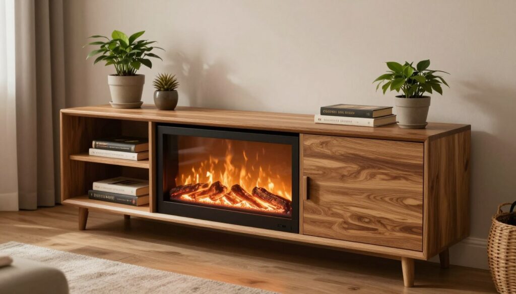 A cozy living room featuring a stylish IKEA TV bench elegantly transformed into a modern fireplace TV stand. In the foreground, focus on the TV bench, beautifully designed with a built-in electric fireplace insert. The flickering flames provide warm lighting, highlighting the textures of the wood finish. In the middle, showcase decorative elements such as potted plants and books placed on either side of the bench. The background displays a softly lit room with neutral-toned walls, inviting seating arrangements, and a hint of natural light filtering through a nearby window. Use a warm color palette to enhance the inviting atmosphere, creating a peaceful and homey vibe. Capture the scene from an eye-level angle to emphasize the integration of the furniture and the fireplace ambiance.