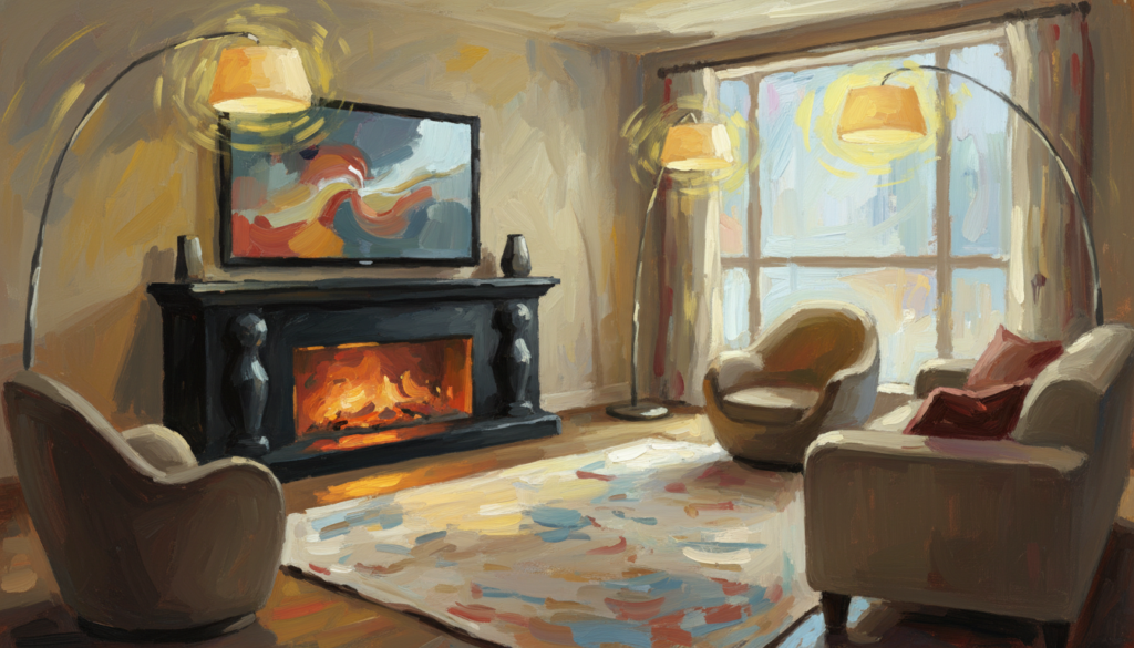 A cozy living room featuring a stylish TV stand integrated with a fireplace. The stand is made of dark wood, with sleek, contemporary lines, holding a large flat-screen TV. The fireplace emits a warm glow, showcasing realistic flame effects without being too intense. In the foreground, a plush area rug complements the scene, while comfortable seating in neutral tones surrounds the space. The background includes soft lighting from floor lamps that enhance the inviting atmosphere. The image should be captured from a slightly angled perspective, creating depth, with natural light streaming in from a nearby window. The overall mood is warm and safe, ideal for illustrating heat concerns related to TV stands with fireplaces.