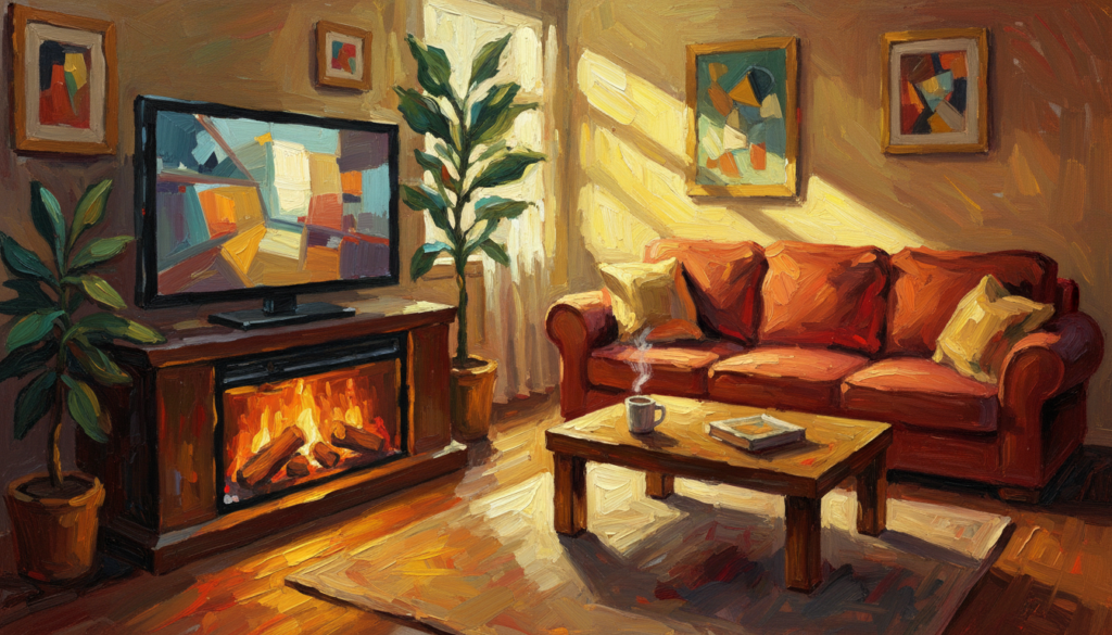 A cozy living room featuring a stylish TV stand with an integrated electric fireplace, radiating warm light. In the foreground, the eye is drawn to the fireplace’s flickering flame and realistic log setup, providing a sense of warmth. The middle layer showcases a modern TV mounted above the fireplace, surrounded by tasteful decorations like plants and framed art. The background reveals a softly illuminated room with comfortable furniture, such as a plush sofa and a coffee table, creating an inviting atmosphere. The lighting is warm and soft, casting gentle shadows. The scene is viewed from a slightly angled perspective to highlight both the TV and the fireplace, evoking a sense of comfort, warmth, and energy efficiency in home design.