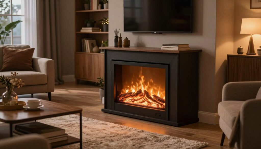 A cozy living room featuring a stylish electric fireplace console at the center, radiating warm, inviting light. The foreground displays the fireplace with realistic flames, set against a backdrop of contemporary furniture in earthy tones. In the middle, a plush area rug surrounds the console, with a comfortable armchair and a small coffee table adorned with seasonal decor, enhancing the inviting atmosphere. Soft, ambient light filters through large windows, illuminating the space with a gentle glow as evening sets in. The background includes a tastefully decorated bookshelf filled with books and plants, contributing to the warm, homey mood. The scene is captured from a slightly elevated angle to emphasize the fireplace’s role in the room’s design, creating a sense of warmth and comfort perfect for a winter evening.