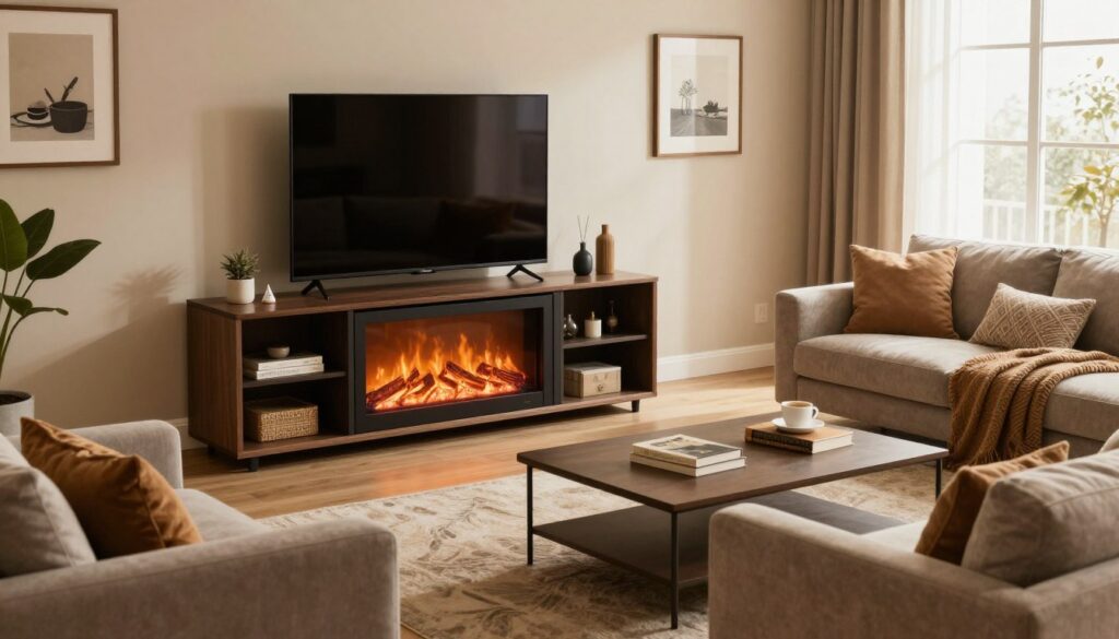 A cozy living room featuring a stylish electric fireplace entertainment center as the focal point. In the foreground, the fireplace glows with realistic flames, surrounded by a contemporary TV stand that showcases a flat-screen television. The middle ground includes plush sofas arranged invitingly with soft throw blankets and decorative cushions, while a tasteful coffee table sits in front, adorned with a few books and a coffee cup. The background features calm wall decor and a large window with soft, natural light streaming in, enhancing the inviting atmosphere. The scene conveys a warm and welcoming mood, perfect for cozy evenings. Capture this from a slightly elevated angle to showcase the entire setup beautifully, with warm, ambient lighting that highlights the textures and colors of the room.