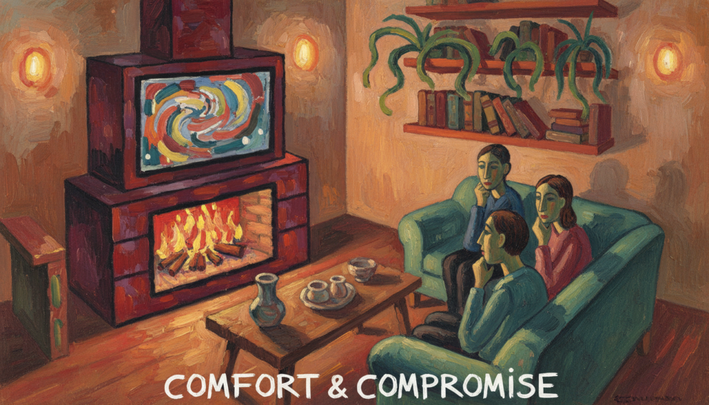 A cozy living room featuring a stylish fireplace TV console as the focal point. In the foreground, a modern, elegant console with built-in fireplace, showcasing realistic flames and ambient glow. The middle ground includes a comfortable sofa set arranged for optimal viewing and a coffee table with a few decorative items. The background reveals a warm, inviting living space with softly lit wall sconces and shelves adorned with books and plants, enhancing the atmosphere of relaxation. The scene is bathed in warm, soft lighting, suggesting evening ambiance, while a slight angle captures the true essence of the viewing experience. The mood is one of comfort and contemplation, highlighting both the appeal and potential drawbacks of the fireplace TV stand.