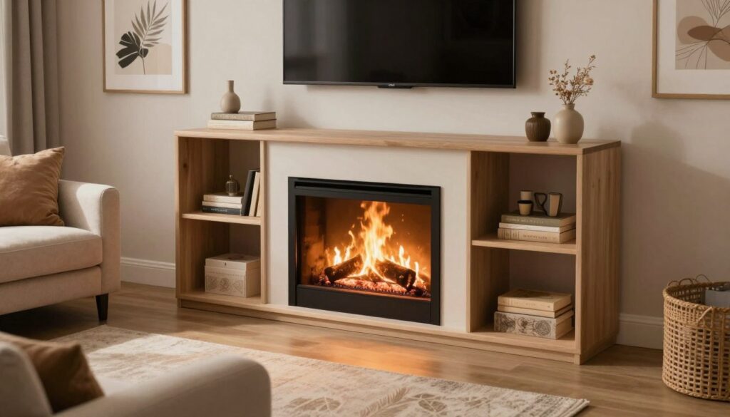 A cozy living room featuring a stylish gas fireplace entertainment unit as the focal point. The unit should boast essential features like a sleek design, integrated shelving, and a modern TV mount above the fireplace. The foreground highlights the warm glow of the fire, casting a gentle light that enhances the inviting atmosphere. In the middle ground, soft furnishings like a plush sofa and decorative pillows create a welcoming space. The background includes tasteful wall art and a soft rug, adding to the comfort. Use warm, natural lighting to evoke a homey feel, captured from a slightly elevated angle to showcase both the fireplace and the surrounding decor. The mood is serene and inviting, perfect for relaxation.