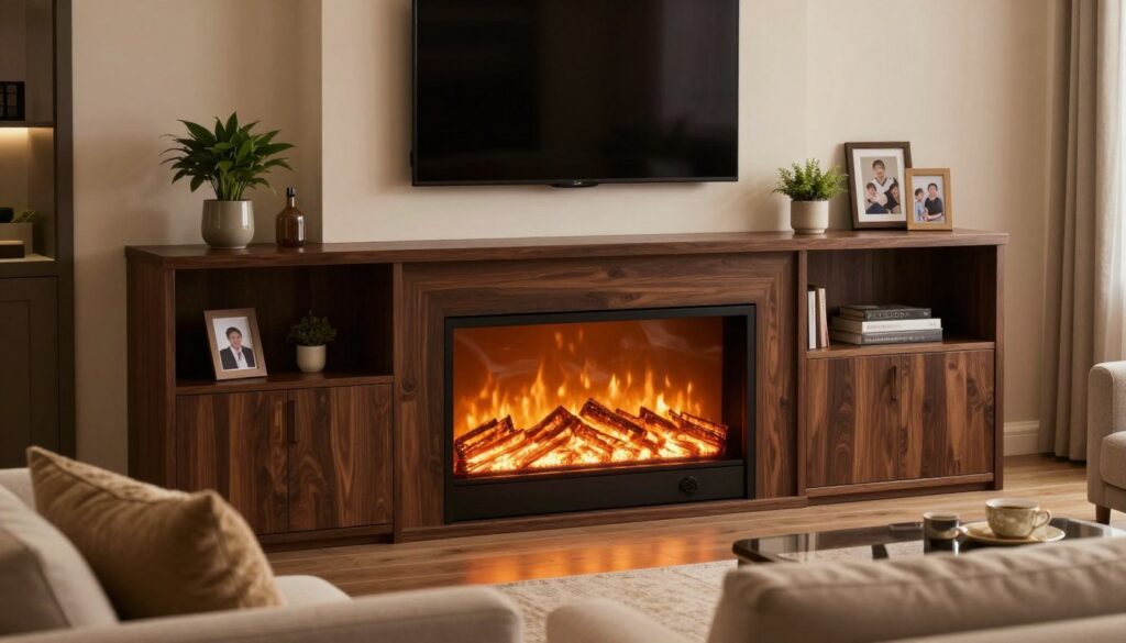 A cozy living room featuring a wall-mounted electric fireplace insert within a stylish entertainment center. The fireplace is the focal point, showcasing a realistic flame effect and a sleek, modern design. The entertainment center surrounds it with a dark wood finish, accentuated by decorative elements like potted plants and family photos. In the foreground, a comfortable sofa with soft throw pillows invites relaxation. The room is warmly lit by soft, ambient lighting, enhancing the inviting atmosphere. The background includes a flat-screen TV mounted above the fireplace, creating a harmonious balance between technology and comfort. The scene is captured from a slightly elevated angle, providing a comprehensive view of the fireplace and its surroundings in this sophisticated setting. A cozy living room featuring a wall-mounted electric fireplace insert within a stylish entertainment center. The fireplace is the focal point, showcasing a realistic flame effect and a sleek, modern design. The entertainment center surrounds it with a dark wood finish, accentuated by decorative elements like potted plants and family photos. In the foreground, a comfortable sofa with soft throw pillows invites relaxation. The room is warmly lit by soft, ambient lighting, enhancing the inviting atmosphere. The background includes a flat-screen TV mounted above the fireplace, creating a harmonious balance between technology and comfort. The scene is captured from a slightly elevated angle, providing a comprehensive view of the fireplace and its surroundings in this sophisticated setting.