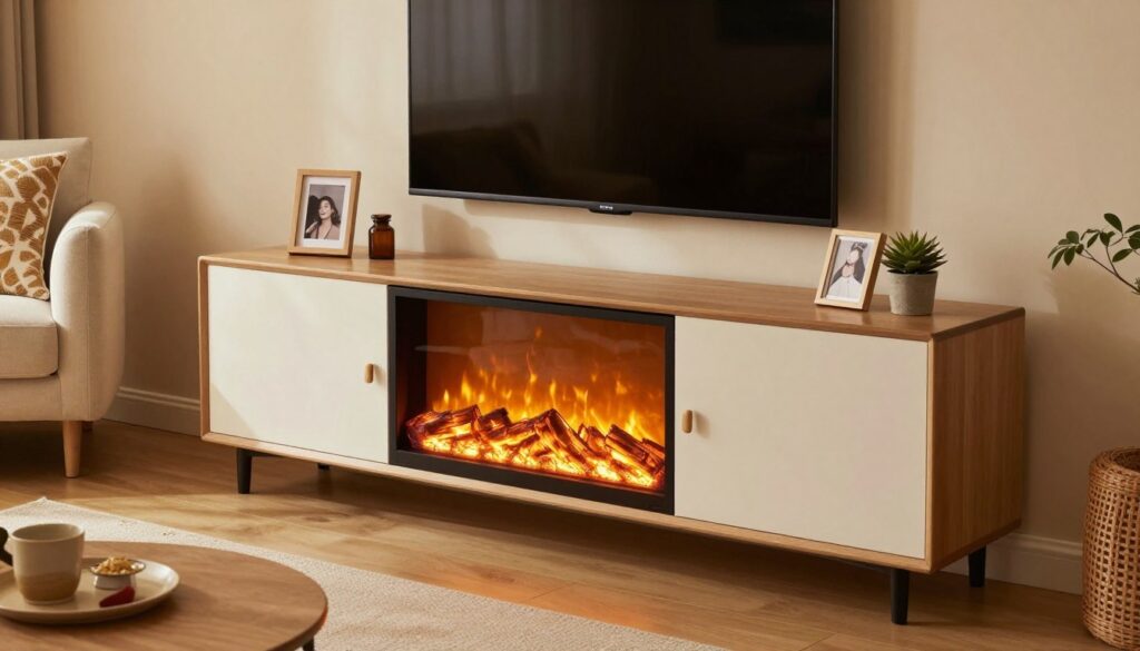 A cozy living room featuring an elegant electric fireplace TV stand combo. The foreground focuses on the sleek, modern TV stand with a built-in electric fireplace, showcasing realistic flames in warm hues of orange and yellow. The middle section displays a stylish TV mounted above the stand, surrounded by decorative items like framed photos and plants, creating an inviting atmosphere. The background reveals soft neutral-colored walls and a plush sofa adorned with decorative cushions, all illuminated by soft, warm lighting that enhances the home's atmosphere. The scene should convey a sense of warmth and comfort, perfect for a relaxing evening. Use a slightly elevated angle to capture the entire setup, emphasizing the integration of heating and entertainment elements.
