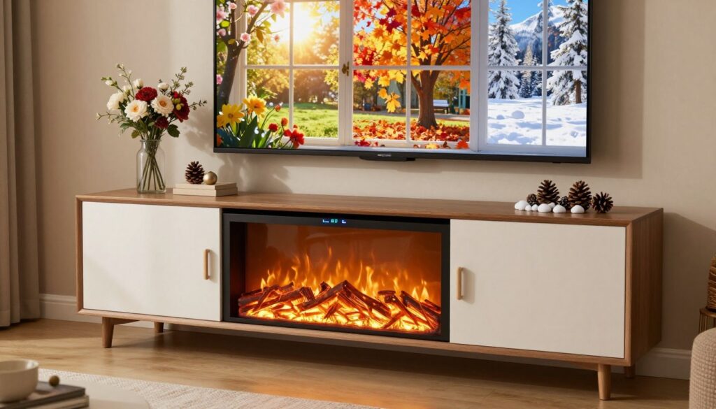 A cozy living room scene centered around a stylish electric fireplace TV stand, illustrating energy consumption across the four seasons. In the foreground, the modern fireplace emits a warm glow, with visible flames and a digital display showing energy usage. The middle ground features a well-decorated TV stand with seasonal decorations: floral arrangements for spring, beach-themed decor for summer, autumn leaves for fall, and winter ornaments including pinecones and faux snow. The background displays windows showcasing seasonal landscapes: blooming flowers, bright sunlight, colorful leaves, and a snowy scene. Soft, ambient lighting enhances the inviting atmosphere. The image should have a warm and cozy mood, captured with a slight angle to emphasize the depth and detail of the setting.