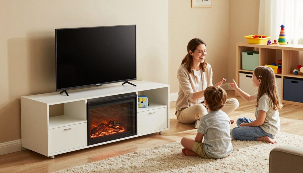 A cozy living room scene featuring a fireplace media console designed with safety in mind for families with children. In the foreground, a stylish, sturdy media console houses a TV, surrounded by childproofing measures such as corner guards and a secure fireplace screen. In the middle ground, a cheerful family – a mother in modest casual clothing and two young children – plays safely while sitting on a soft rug. Soft, warm lighting emanates from the fireplace, creating a welcoming atmosphere. In the background, a well-organized play area showcases toys neatly stored in accessible bins. The image captures a sense of security and modern family life, emphasizing safety features in a home environment. The angle is slightly elevated, providing a clear view of both the fireplace and family interactions.