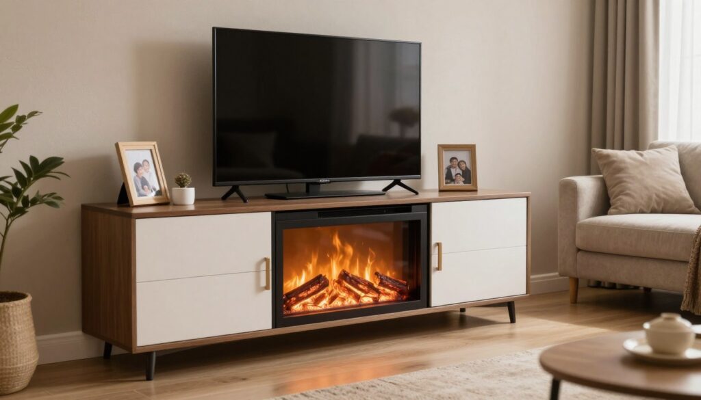 A cozy living room scene featuring a modern electric fireplace integrated into a stylish TV stand. In the foreground, focus on the fireplace with visibly flickering flames and warm light emanating from it, casting a gentle glow on the nearby decor. The middle ground showcases the sleek TV stand with a flat-screen television mounted above the fireplace, flanked by tasteful family photos and decor items. In the background, a soft, textured wall and a plush sofa with cushions create an inviting atmosphere. Natural light spills in from a window, enhancing the warm ambiance. The image captures a serene and comfortable environment, emphasizing the heating performance aspect of the electric fireplace. The lens is slightly wide-angle to provide a comprehensive view of the setting, inviting viewers to imagine the warmth it offers.