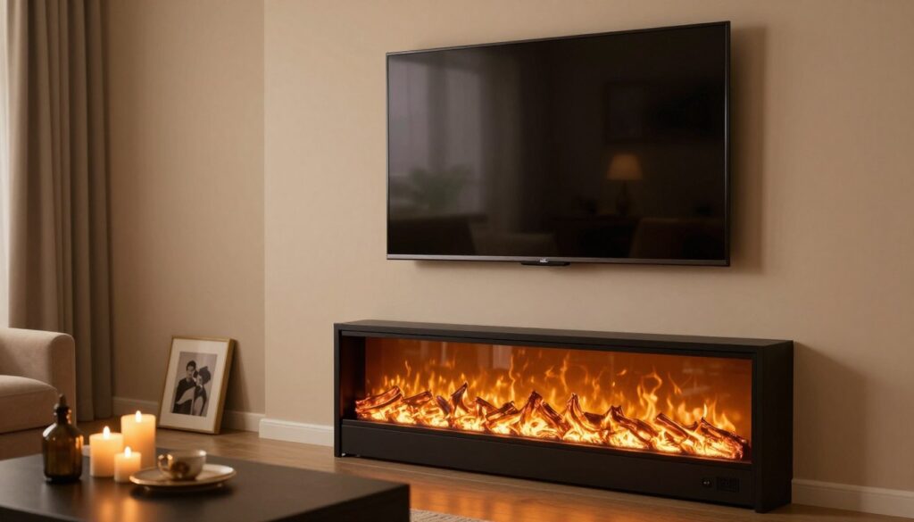 A cozy living room scene featuring a modern electric fireplace with realistic LED flames glowing warmly. Above the fireplace, a sleek flat-screen TV is mounted securely on the wall, creating a perfect blend of comfort and technology. In the foreground, a stylish mantel displays a few decorative items like candles and framed photos, adding a personal touch. The middle ground captures the electric fireplace with its flickering flames casting a soft light, while the TV screen reflects a tranquil scene. In the background, soft ambient lighting enhances the room's inviting atmosphere with warm tones. The picture is taken from a slightly lower angle to emphasize the height of the TV and fireplace, capturing the elegance of this practical setup.