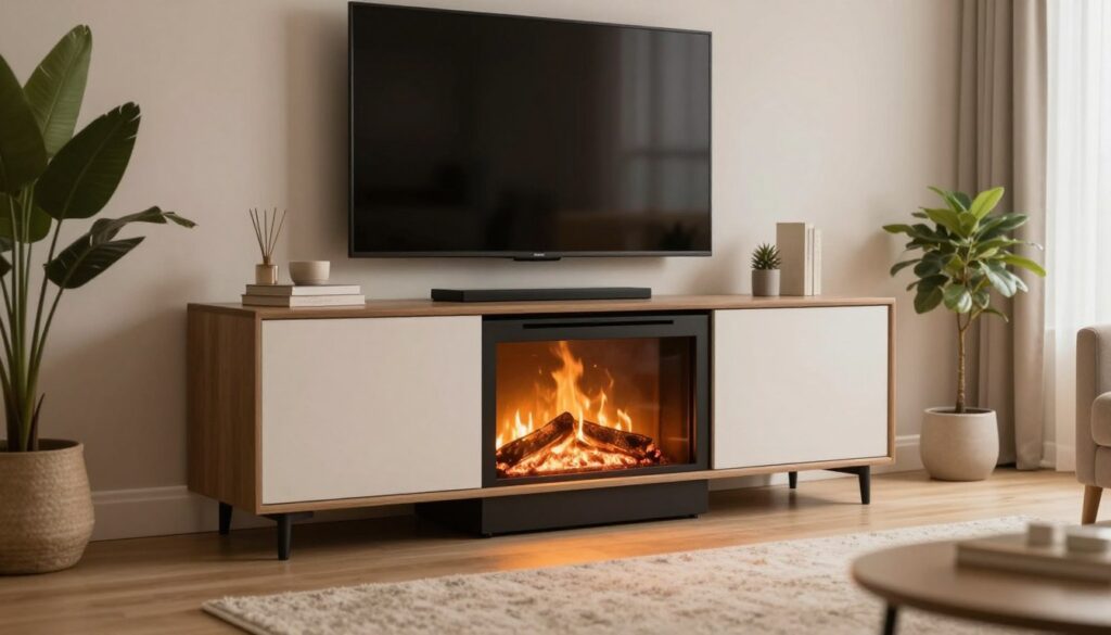 A cozy living room scene featuring a modern fireplace TV console, designed to convey safety and warmth. In the foreground, the fireplace emits a warm, flickering glow, with visible heat rising above it, while the TV is mounted above the console. The console showcases a sleek design with storage compartments, subtly illuminated by soft ambient lighting. In the middle ground, a plush area rug adds comfort, surrounded by tasteful decor and a few well-placed houseplants. The background includes light-colored walls and a soft-focus window letting in natural light, enhancing the inviting atmosphere. The room feels cozy yet professional, suited for a family environment, with a focus on safety and heat output visible from the fireplace setup.