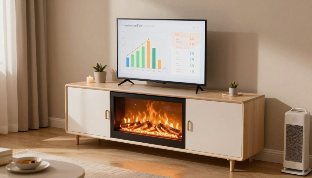 A cozy living room scene featuring a modern fireplace TV stand as the central focus, showcasing its power usage compared to traditional heating options like radiators and space heaters. In the foreground, the fireplace TV stand glows softly, emanating warmth with flickering flames visible through a transparent glass front. In the middle ground, illustrated charts or icons representing energy consumption are subtly integrated around the TV stand, displaying comparisons in a visually appealing manner. The background features a well-decorated room with soft, ambient lighting that creates a welcoming atmosphere. Use a slightly elevated angle to capture the interplay of light and shadow, emphasizing the comfortable and inviting mood of the space. The overall aesthetic should be contemporary and informative, without any text or distractions.
