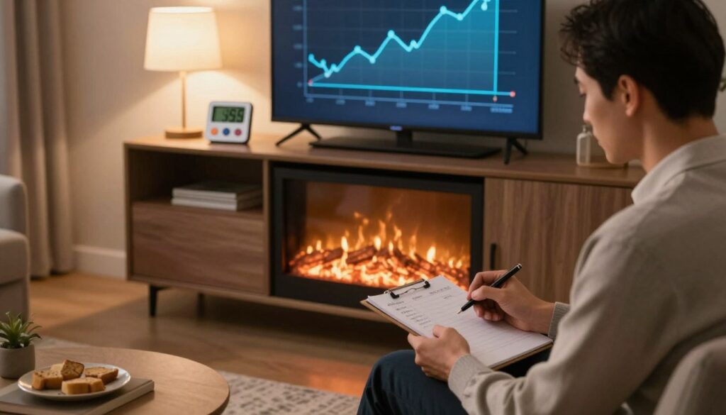 A cozy living room scene featuring a modern fireplace TV stand at the center, with a digital energy meter displayed prominently on the stand. In the foreground, a professional-looking adult in smart casual attire is calculating electricity costs on a notepad, focused and thoughtful expression. The middle ground includes the fireplace emitting a soft glow, creating a warm and inviting atmosphere, while the TV displays a graph of electric usage trends. The background features soft ambient lighting from table lamps, enhancing the homey feel, with subtle shadows adding depth to the scene. Shot from a slightly elevated angle, capturing both the calculations and the soothing ambiance of the room, evoking a sense of practicality and comfort.