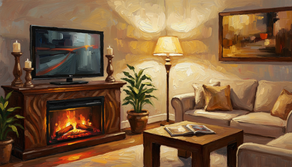 A cozy living room scene featuring a modern fireplace insert installed within a stylish TV stand. In the foreground, the fireplace insert flickers with warm flames, casting a soft glow that enhances the inviting atmosphere. The TV stand, made of rich wooden material, accommodates a flat-screen television above the insert. To the sides, decorative accessories like candles and plant pots add charm. In the middle ground, a plush sofa with neutral-colored cushions invites relaxation, and a coffee table rests nearby with a couple of magazines. In the background, warm ambient lighting emanates from vintage-style lamps, creating a serene evening vibe. The overall mood is tranquil and homely, emphasizing the heating capacity of the fireplace insert in a practical setup. The image is shot from a slightly elevated angle to capture both the insert and the room's elegant arrangement, with a focus on the cozy interaction between elements.