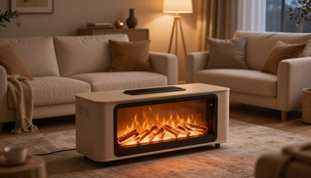 A cozy living room scene featuring a modern media console equipped with infrared heating elements. In the foreground, the console houses an elegant electric fireplace emitting a soft, warm glow, casting gentle light across the room. The middle layer showcases plush furniture, including a stylish sofa adorned with soft cushions, all invitingly arranged around the console. In the background, the walls are adorned with tasteful decor and a warm color palette. The room is bathed in a soft, ambient light from a nearby window, suggesting an early evening atmosphere. The overall mood is inviting and warm, highlighting the comfort provided by the infrared heating system. The image should be captured from a slightly elevated angle, emphasizing the console in action without any distractions like text or watermarks.