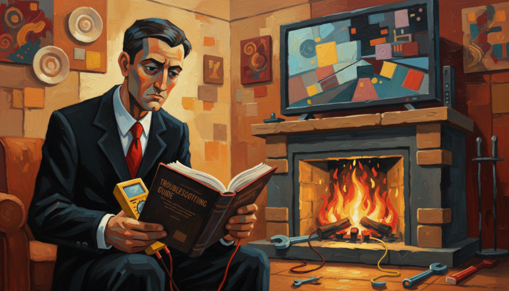 A cozy living room scene featuring a modern television stand integrated with a fireplace. In the foreground, a person dressed in professional business attire is examining the fireplace unit, holding a multimeter and a troubleshooting guide. The middle layer showcases a sleek TV stand with a roaring flame in the fireplace below, surrounded by neatly organized tools for fireplace repair. In the background, the walls are adorned with warm colors and decorative items that enhance the inviting atmosphere. Soft, warm lighting emanates from the fireplace, casting a gentle glow across the room, suggesting a focus on solving heating issues. The angle of the shot captures the detail of the TV stand and the attentive expression of the person engaged in troubleshooting, creating a sense of warmth and a problem-solving mood.