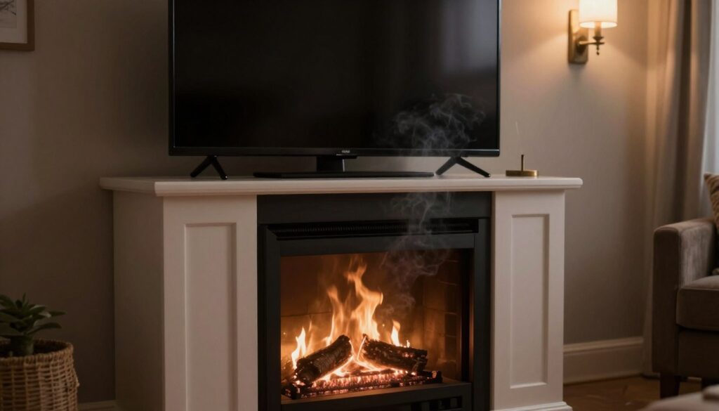 A cozy living room scene featuring a stylish TV stand fireplace that appears malfunctioning. In the foreground, close-up of a fireplace with dim flickering lights, displaying a faint glow from the firebox, hinting at blown fuse symptoms. The middle ground should include a TV atop the stand, with a black screen and no response, indicating possible electrical issues. Surrounding the fireplace, light smoke subtly wafts, adding to the atmosphere of concern. In the background, soft ambient lighting from wall sconces creates a warm but dim mood, enhancing the feeling of a malfunctioning appliance. Use a warm color palette with shadows cast dramatically to emphasize the urgency of the situation, captured from a slightly lower angle for an immersive perspective.