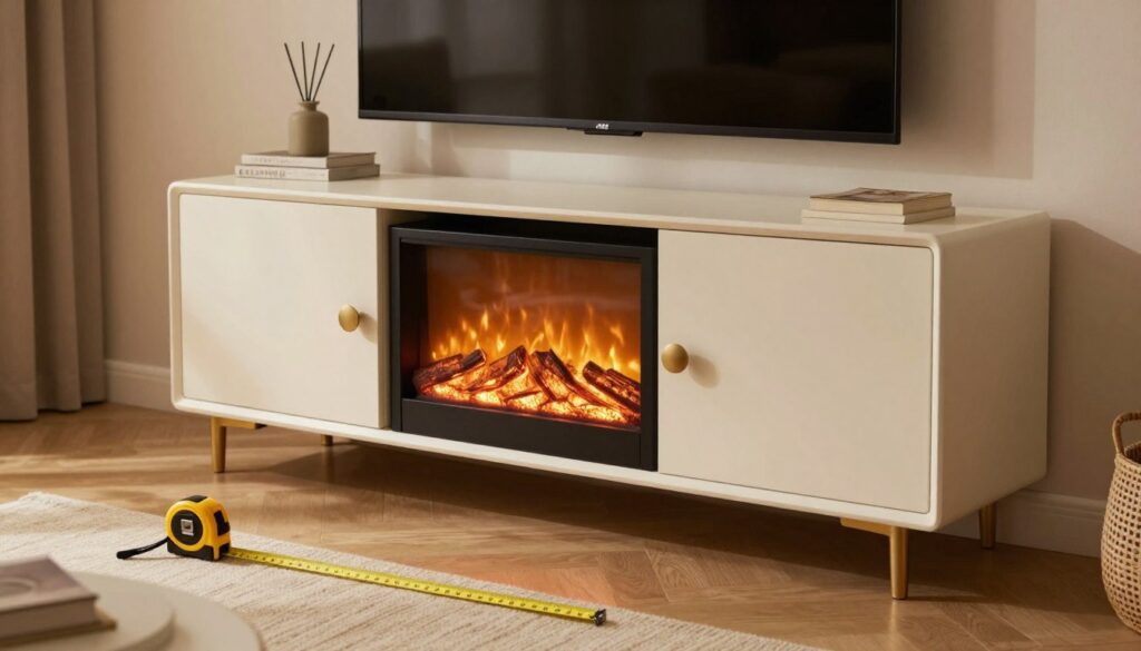A cozy living room scene featuring a stylish TV stand with an integrated electric fireplace. In the foreground, a measuring tape lies beside a stylishly designed TV stand, illustrating the process of measuring for the perfect fit. In the middle, the TV stand showcases an elegant finish, with a warm glow emanating from the electric fireplace, enhancing the inviting atmosphere. The background features a tastefully decorated room with neutral walls, soft lighting, and comfortable furniture, creating a homely vibe. Use warm, soft lighting to enhance the welcoming mood. The angle should focus on the stand from a slightly elevated perspective, emphasizing the fireplace feature while ensuring clarity in the measuring guide aspects.