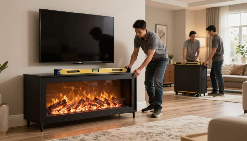 A cozy living room scene featuring a stylish electric fireplace TV stand from Value City, prominently placed in the foreground. The stand is sleek and modern, showcasing a warm electric fire glowing softly, with a television mounted above it. In the middle ground, two professional delivery personnel in modest casual clothing are carefully setting up the unit, ensuring it is level and safely connected. The background reveals a tastefully decorated room with neutral-colored walls, a plush rug, and elegant lighting that casts a warm ambiance throughout the space. The angle is slightly elevated, providing a comprehensive view of the installation process while highlighting the homey atmosphere. The mood is inviting and comfortably professional, perfect for illustrating installation and delivery services.