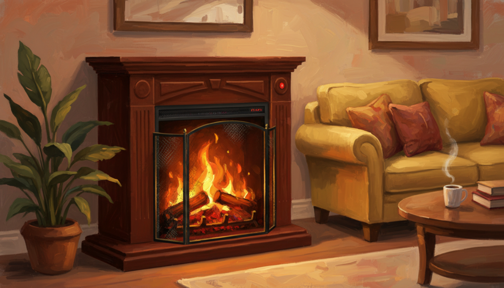 A cozy living room scene featuring a stylish electric fireplace cabinet as the focal point. The foreground showcases the intricately designed cabinet with an electric fireplace, highlighting safety features such as tempered glass, protective screen, and automatic shut-off switch. In the middle ground, warm ambient lighting casts a soft glow, emphasizing the fireplace's realistic flames. The background consists of tastefully arranged home decor, including potted plants and a comfortable sofa, creating a welcoming atmosphere. Use a warm color palette to evoke a sense of safety and comfort. The image should be taken from a slightly elevated angle to capture the details of the cabinet and its safety features clearly.