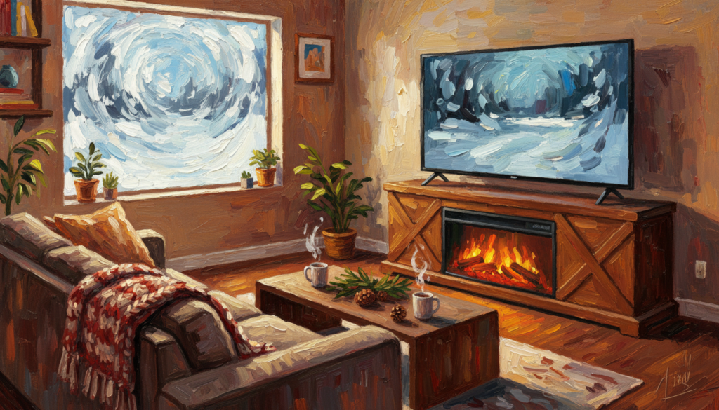 A cozy living room scene featuring a stylish fireplace TV stand, radiating warmth. In the foreground, a modern TV stand with a built-in electric fireplace, glowing softly with flickering flames, creating a welcoming ambiance. A comfortable sofa is angled towards the TV stand, draped with a soft, knitted blanket. In the middle ground, a coffee table holds steaming mugs and a few seasonal decorations like pine cones and evergreens. The background reveals a softly lit room with warm, ambient lighting, a large window showing a snowy winter landscape outside. The atmosphere feels inviting and tranquil, perfect for winter comfort. The image conveys an essence of homey warmth, emphasizing the functionality of the fireplace TV stand during cold seasons.