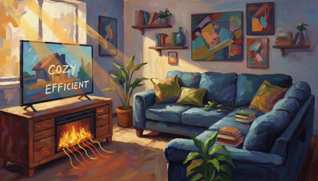 A cozy living room scene featuring a stylish fireplace TV stand with an electric fireplace integrated below a flat-screen television. In the foreground, the TV stand is elegantly designed with warm wooden textures and a realistic flame effect, casting a soft glow. The middle ground showcases a comfortable sofa with plush cushions, inviting ambiance, and a few decorative elements like plants and books. The background includes a wall adorned with tasteful artwork and shelves, creating a harmonious home environment. The lighting is warm and inviting, reminiscent of a late afternoon, with sunlight filtering through a nearby window, highlighting the overall energy-efficient setup. The mood is relaxed and inviting, perfect for demonstrating heat output and energy efficiency performance in a home setting.